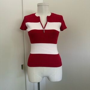 Vintage Y2K Tommy Hilfiger Red and White Quarter Zip Short Sleeve Top